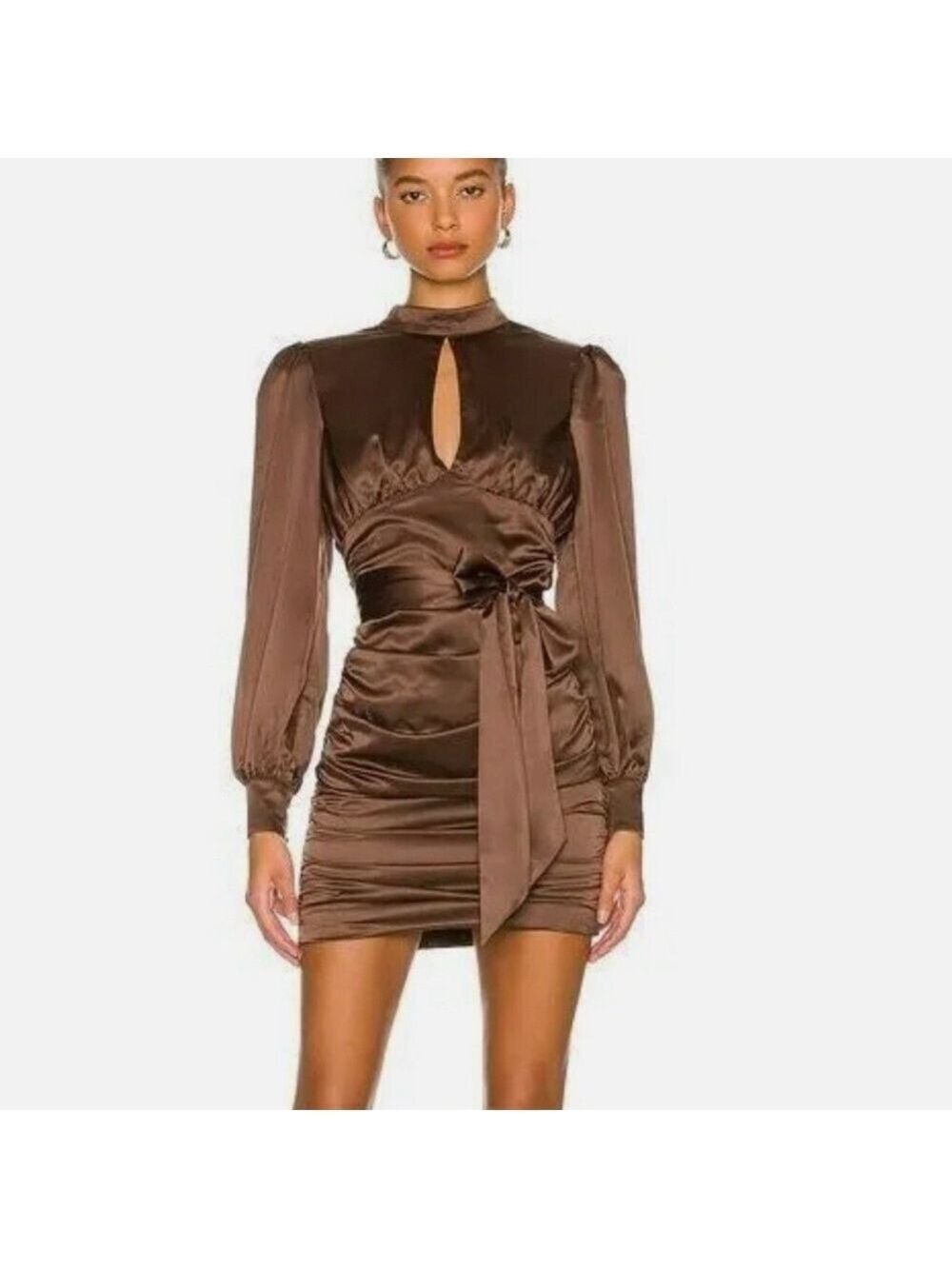 MAJORELLE Chocolate Satin Long Sleeve Dress
